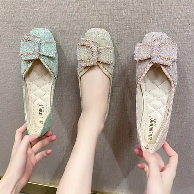 Internet Celebrity Flat Heel Granny Shoes Women s 2023 Spring New Square Toe Four Seasons Shallow Mouth Rhinestone Single Shoes Mary Janes Large Size Women s Shoes
