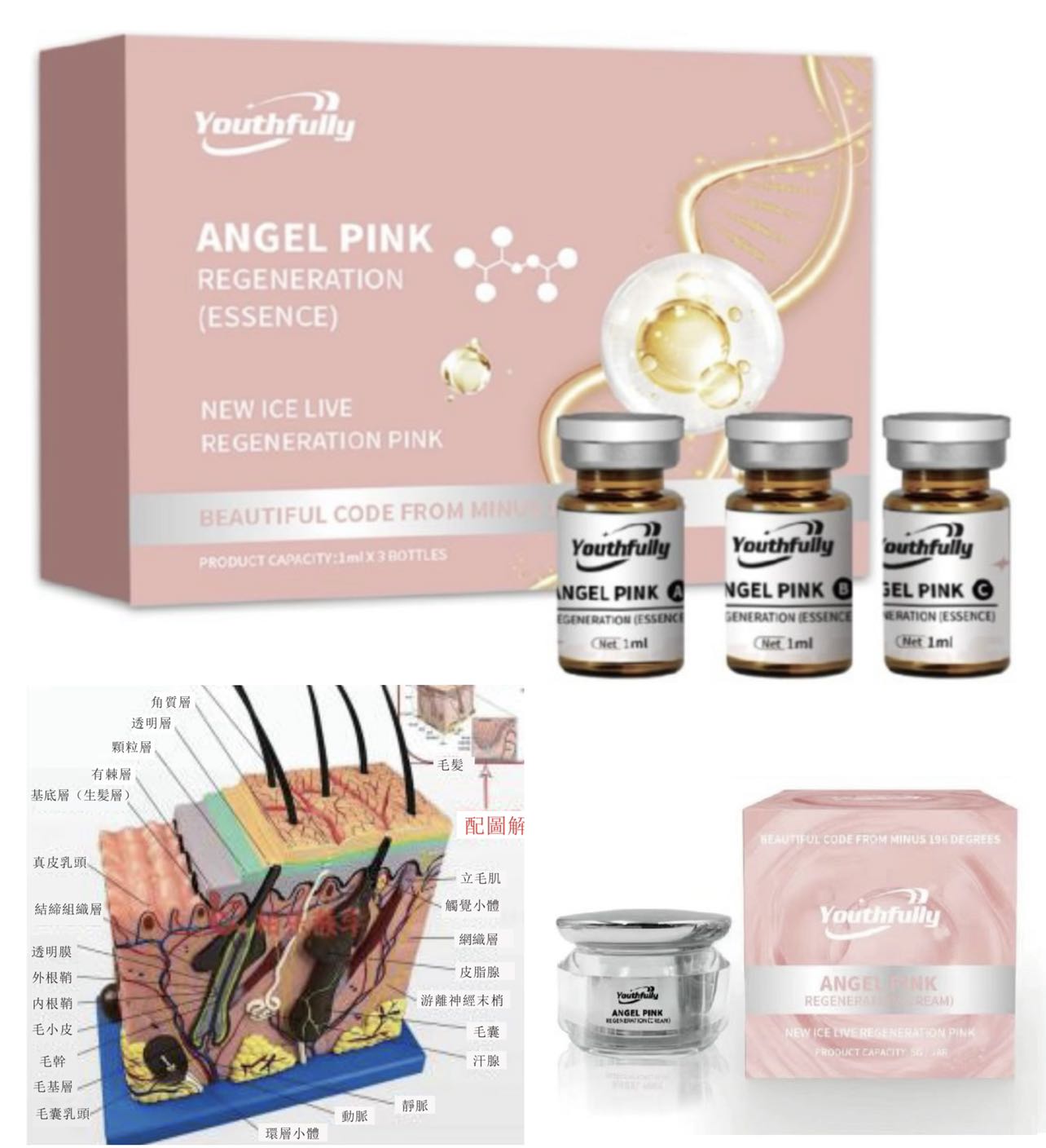 Angel Pink Regeneration Full Set  3 bottles Essence+ 5g Cream